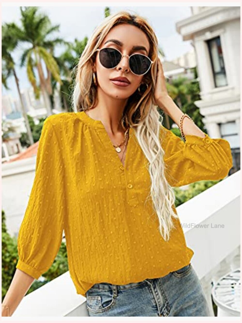 Women's Swiss Dot 3/4 Sleeve Henley V-Neck Blouse Tops - Picture 3 of 7